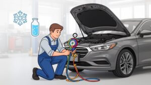 Mechanic checking car air conditioning system.