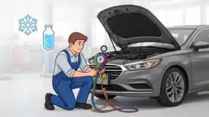 Mechanic checking car air conditioning system.