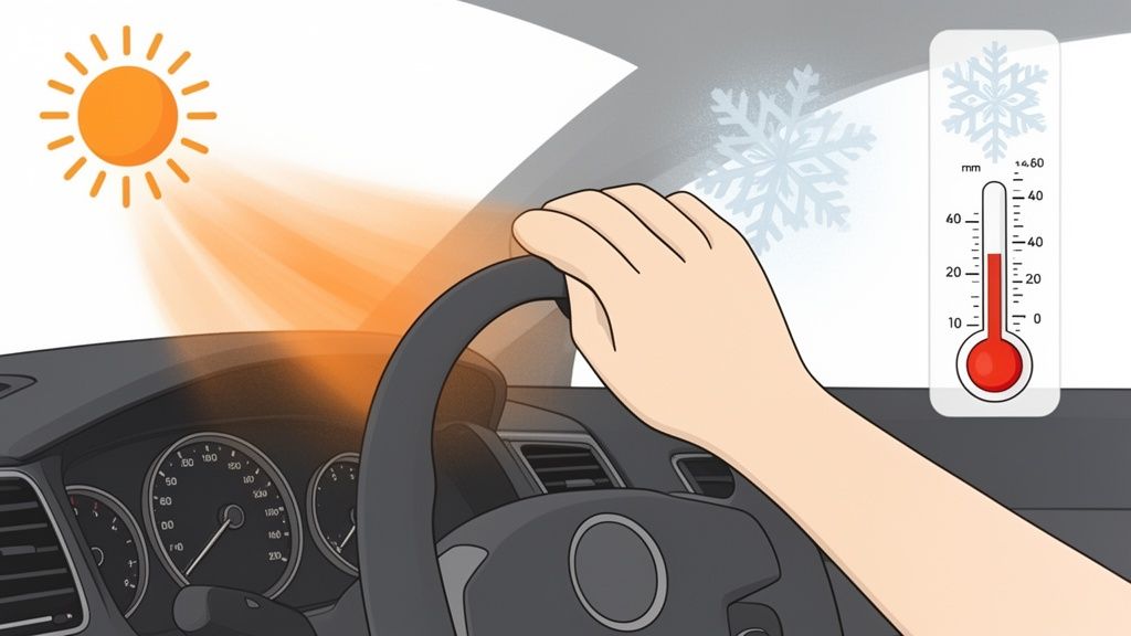 Sun heats car interior, hand on wheel, thermometer and snowflakes depict temperature contrast, hinting at AC.