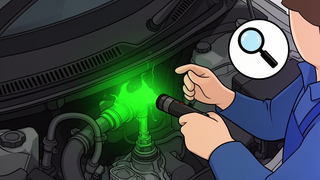 A mechanic uses a UV flashlight to detect a glowing green leak in a car engine compartment.