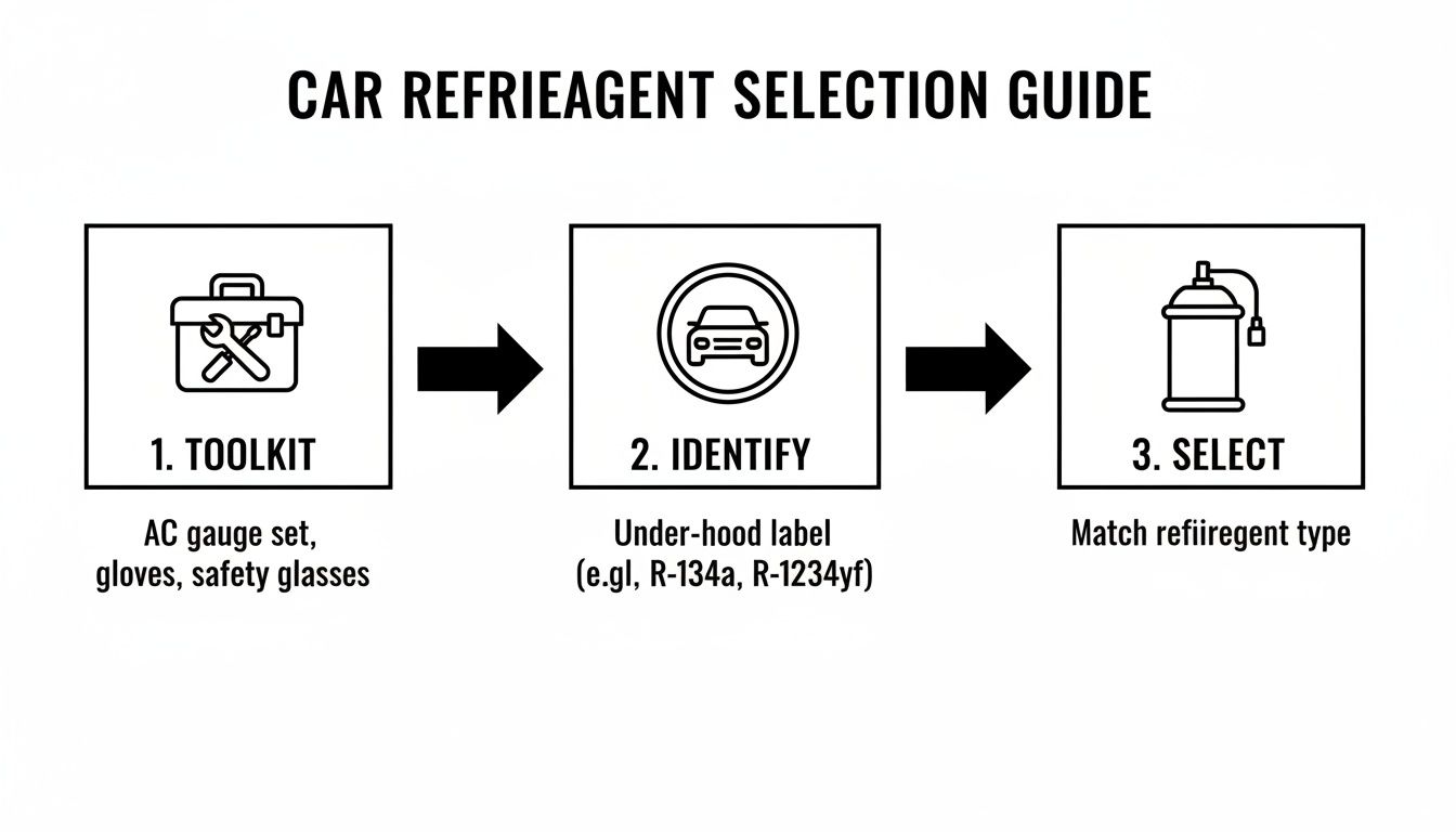Visual guide for car refrigerant selection: prepare toolkit, identify under-hood label, and select matching refrigerant.