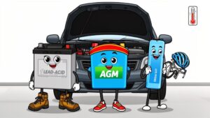 Three cartoon batteries in front of a car.