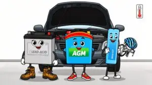 Three cartoon batteries in front of a car.