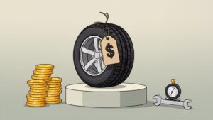 Tire with price tag, coins and stopwatch