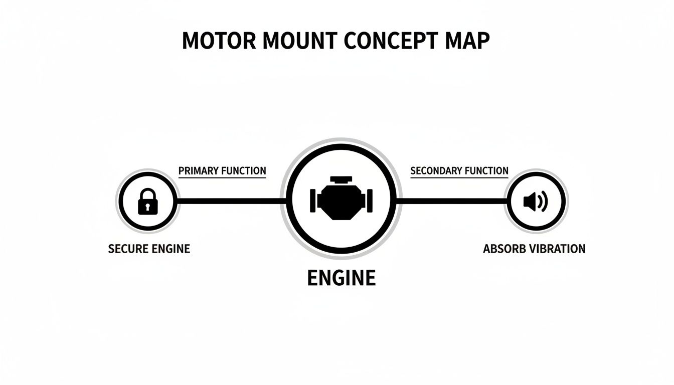A concept map illustrates motor mount functions: primary is securing the engine, secondary is absorbing vibration.