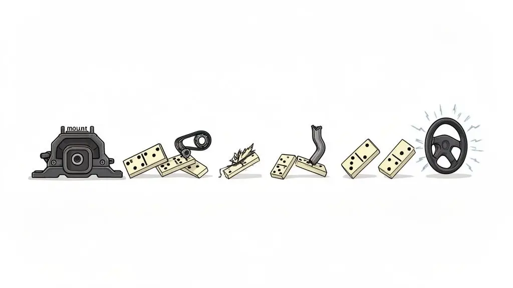 A car engine mount initiates a domino effect of failing auto parts, leading to a vibrating steering wheel.