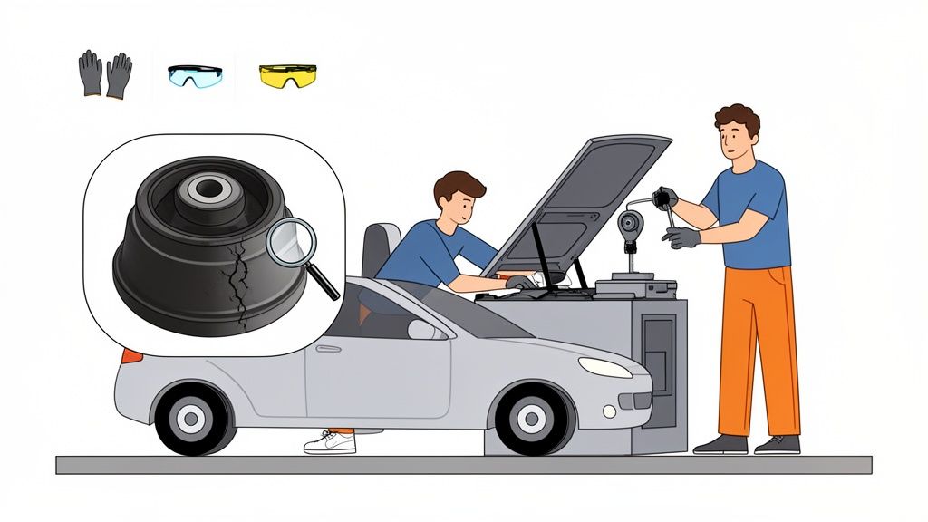 Mechanics diagnose a car, revealing a cracked motor mount issue with safety gear.
