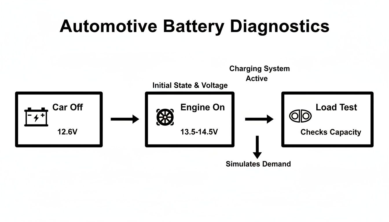 Flowchart illustrating automotive battery diagnostics: car off voltage, engine on charging voltage, and load test for capacity.