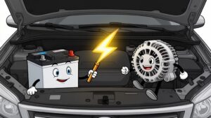 Cartoon car battery and alternator in engine bay.
