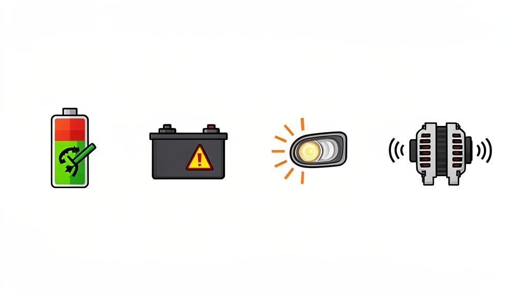 Icons representing car battery status, warning, working headlights, and an alternator.