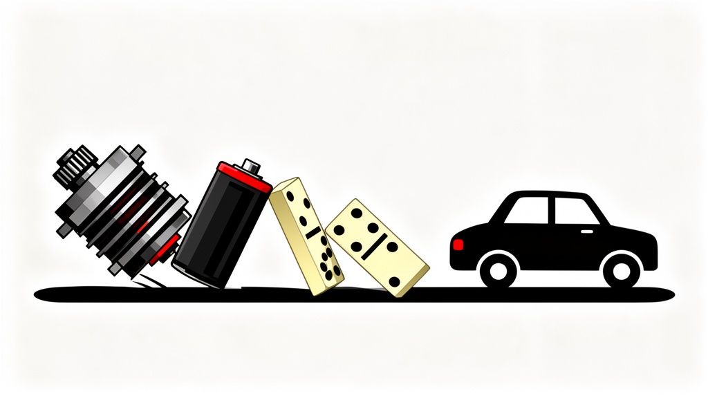 A car alternator, battery, and dominoes falling towards a car, illustrating a chain reaction.