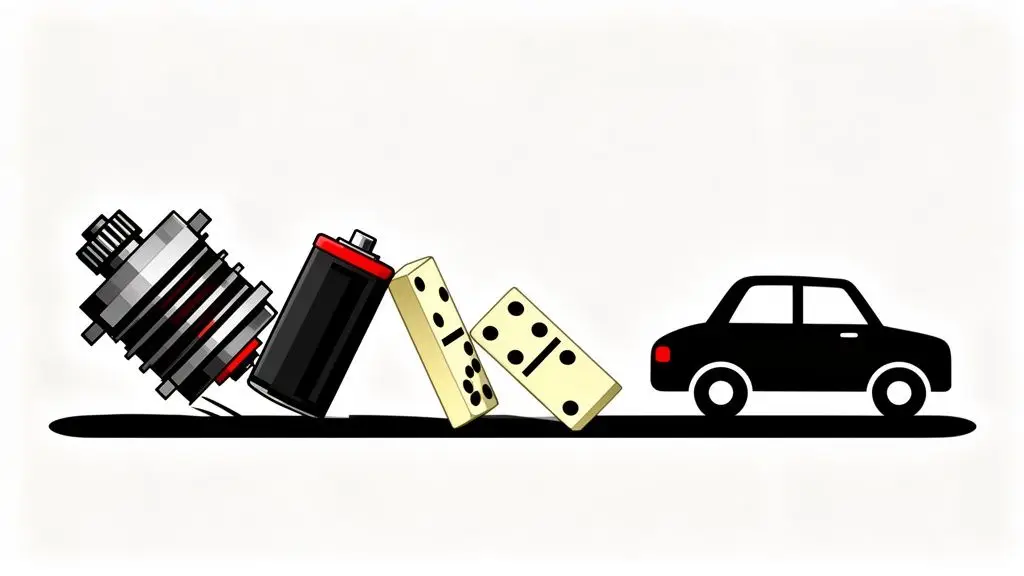 A car alternator, battery, and dominoes falling towards a car, illustrating a chain reaction.