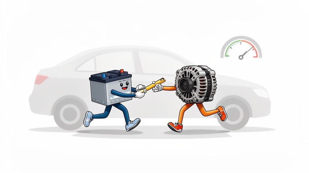 Cartoon car battery and alternator characters perform a relay race hand-off in front of a car outline.