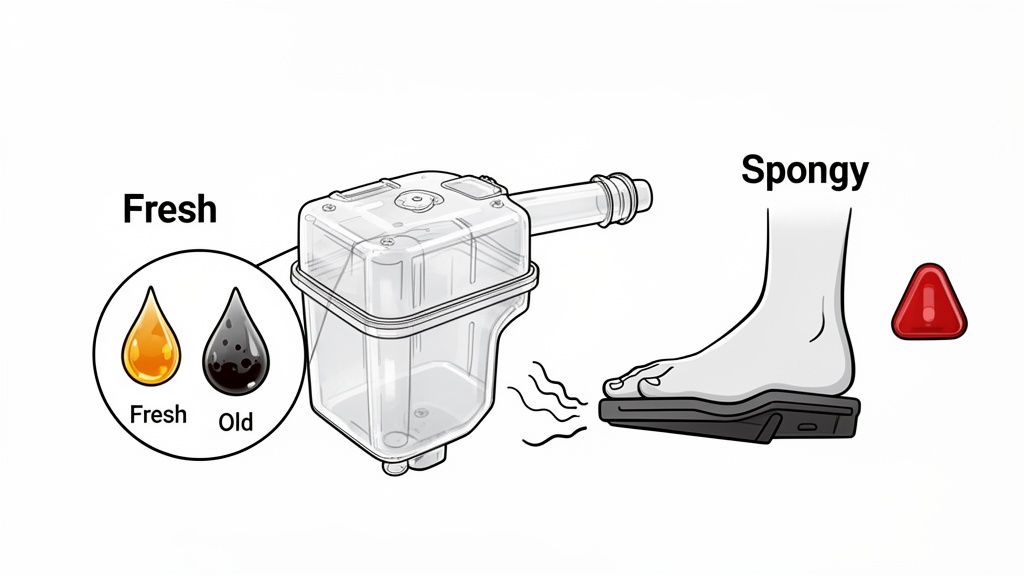 Illustration showing fresh amber brake fluid versus old dark brake fluid, a spongy brake pedal, and a warning sign.