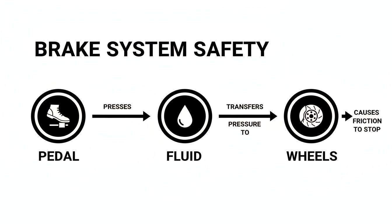 A diagram illustrates brake system safety: a foot on a pedal presses fluid, which transfers pressure to wheels, causing friction to stop.