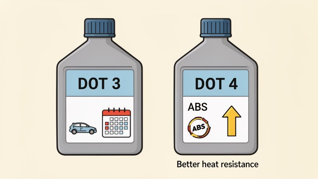 Illustration comparing two brake fluid bottles, DOT 3 for regular cars and DOT 4 for ABS with better heat resistance.