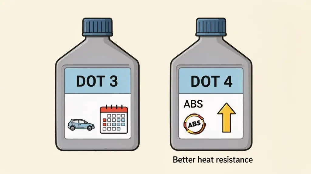 Illustration comparing two brake fluid bottles, DOT 3 for regular cars and DOT 4 for ABS with better heat resistance.
