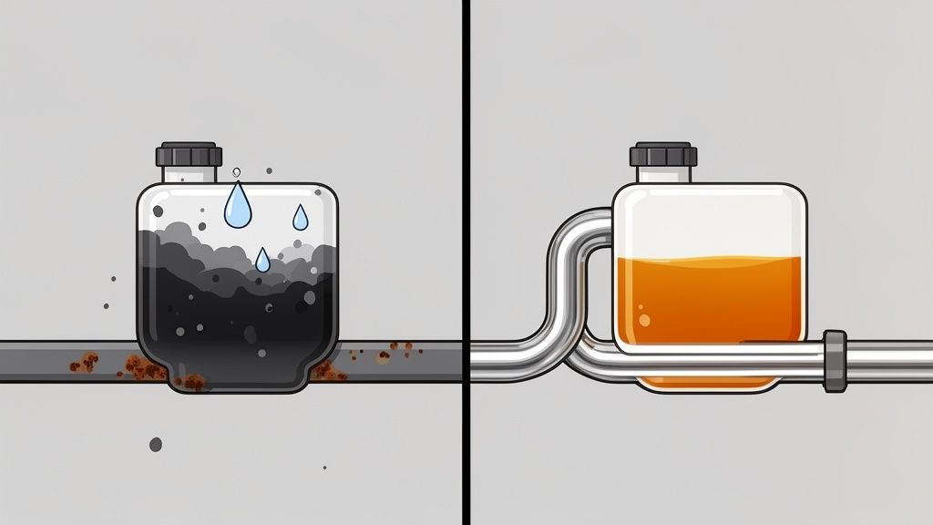 Before and after comparison of brake fluid, showing dirty, rusty old fluid versus clean, amber new fluid.