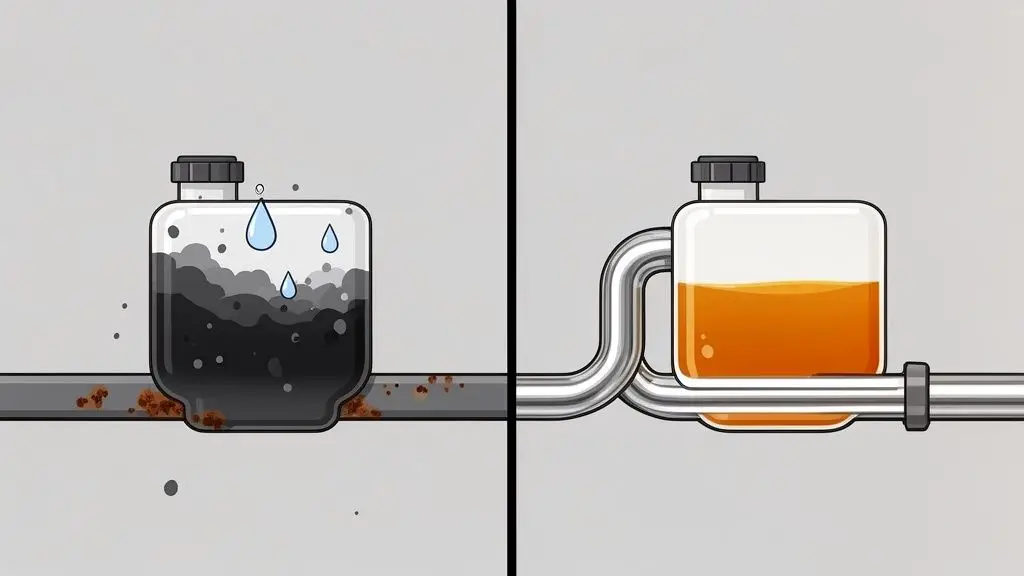Before and after comparison of brake fluid, showing dirty, rusty old fluid versus clean, amber new fluid.