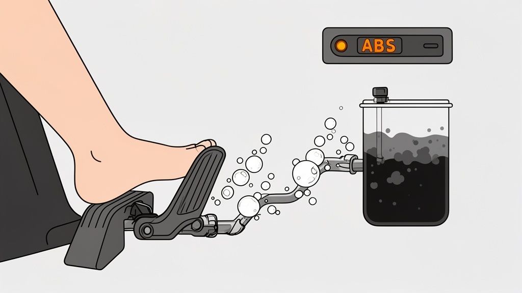 A foot pressing a brake pedal, bubbles in the brake fluid line, and an illuminated ABS warning light.