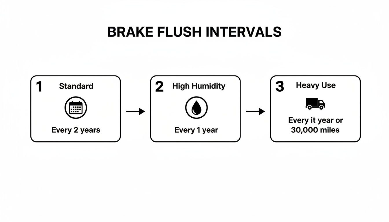 Infographic showing recommended brake flush intervals for standard, high humidity, and heavy use conditions.