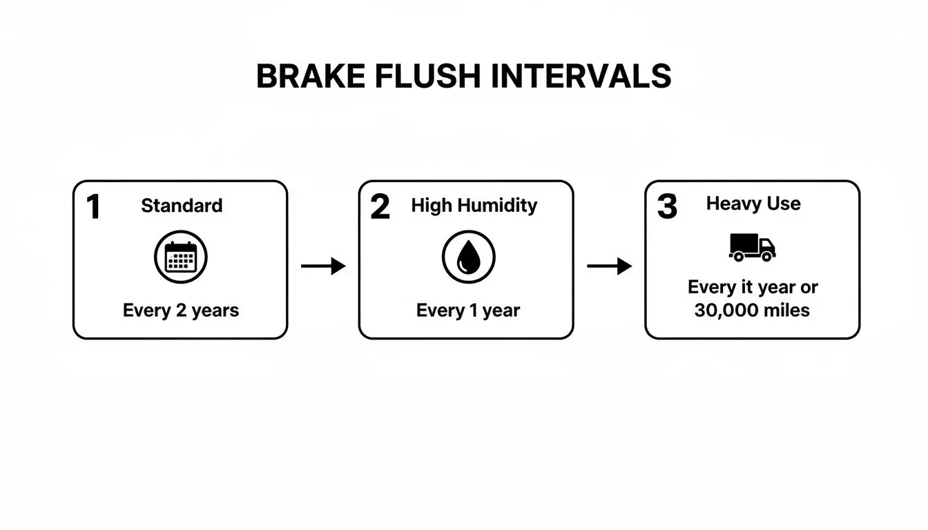 Infographic showing recommended brake flush intervals for standard, high humidity, and heavy use conditions.