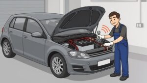 Mechanic fixing car engine with wrench in garage.