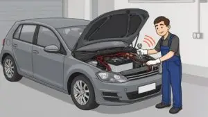 Mechanic fixing car engine with wrench in garage.