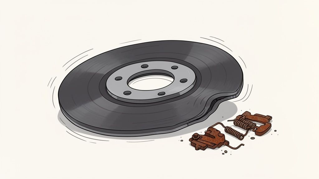 A severely damaged car brake disc with rusty, broken brake pads and springs next to it.
