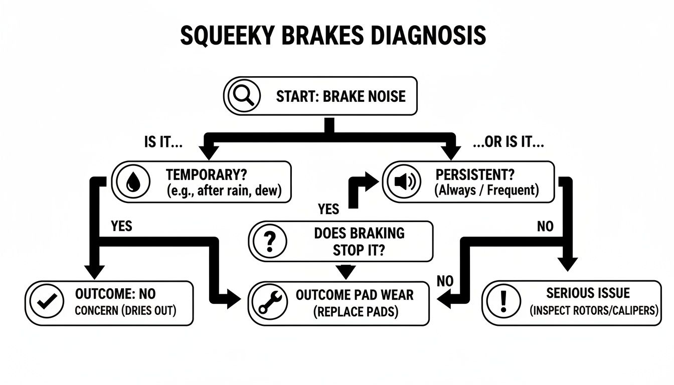 Flowchart diagnosing squeaky brakes, guiding users through temporary, persistent, and braking-related issues to determine the cause.