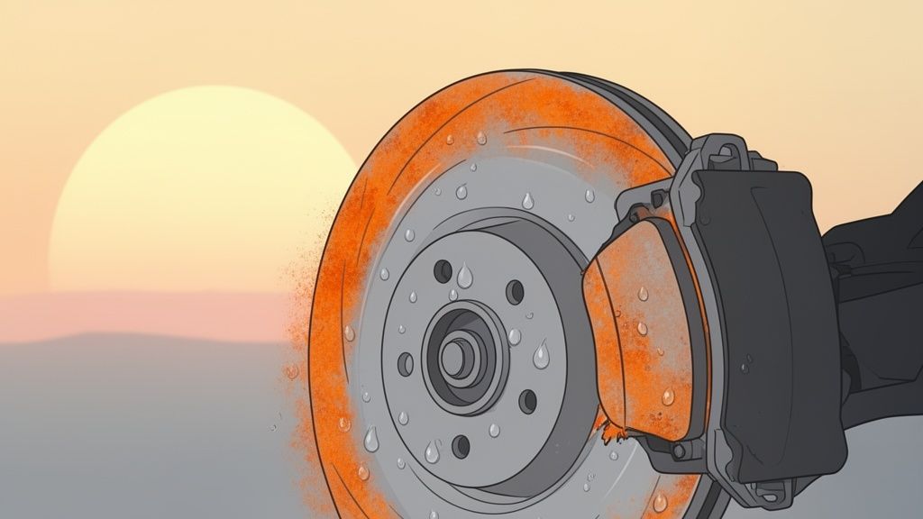 A close-up of a rusty car brake rotor and caliper with water droplets under a setting sun.