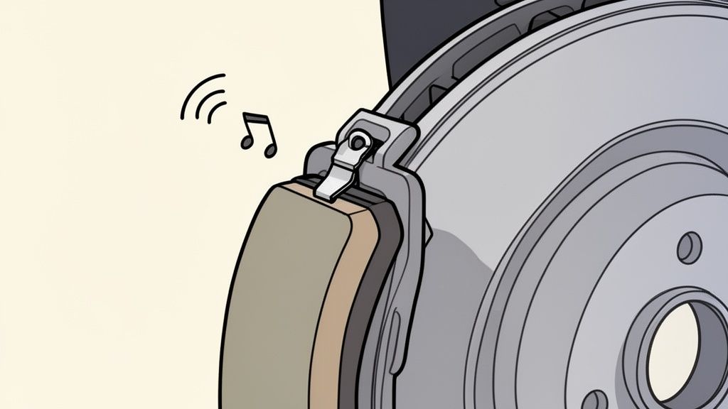 Illustration of a car's disc brake assembly, showing the pad and rotor with sound waves, indicating squeaky brakes.