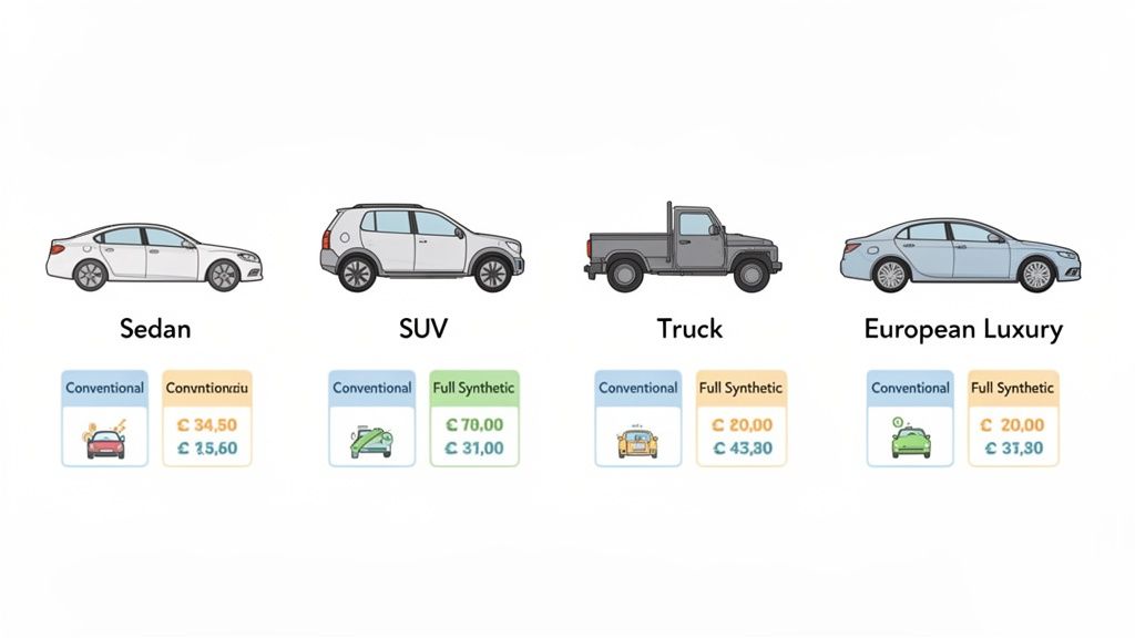 Car types (Sedan, SUV, Truck, European Luxury) showing conventional and full synthetic oil change prices.