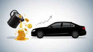 Car, coins, rising arrow, oil can.