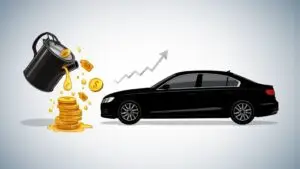 Car, coins, rising arrow, oil can.