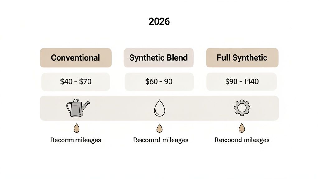 A 2026 chart comparing Conventional, Synthetic Blend, and Full Synthetic oil prices and recommended mileages.