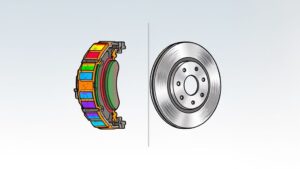 Colorful brake pad illustration and silver disc brake