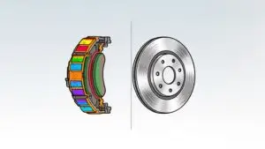 Colorful brake pad illustration and silver disc brake