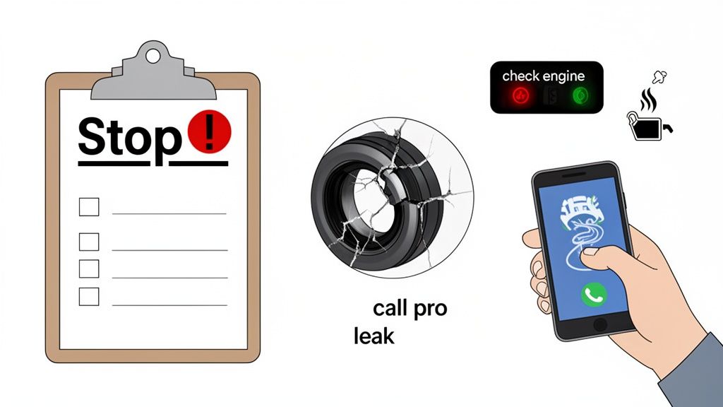 Illustration of car issues including a cracked tire, check engine light, overheating, and calling for professional repair.