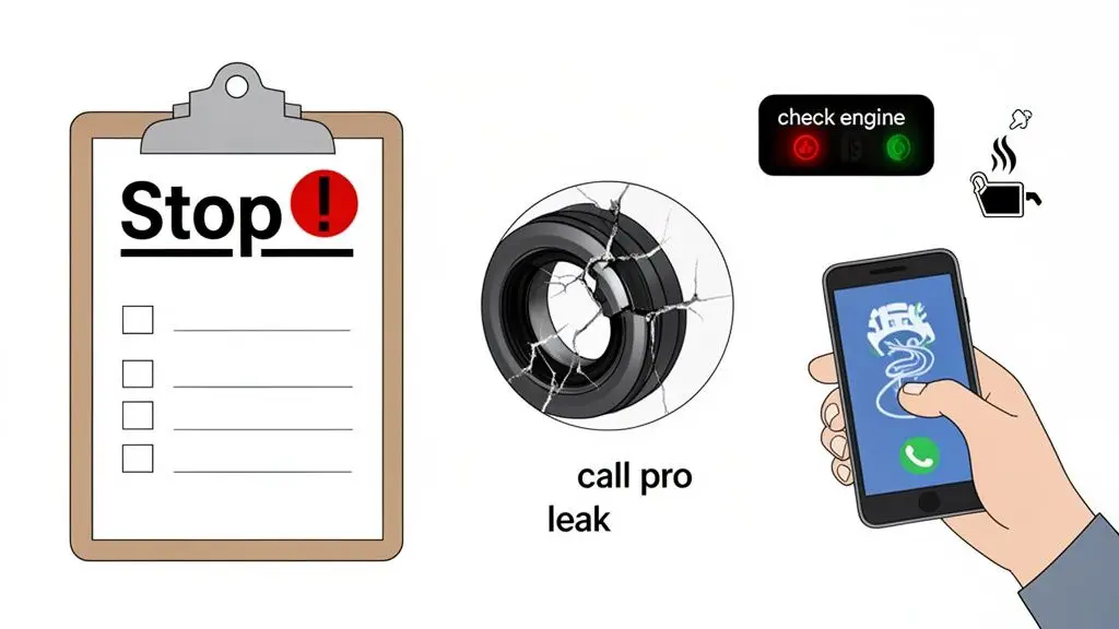 Illustration of car issues including a cracked tire, check engine light, overheating, and calling for professional repair.