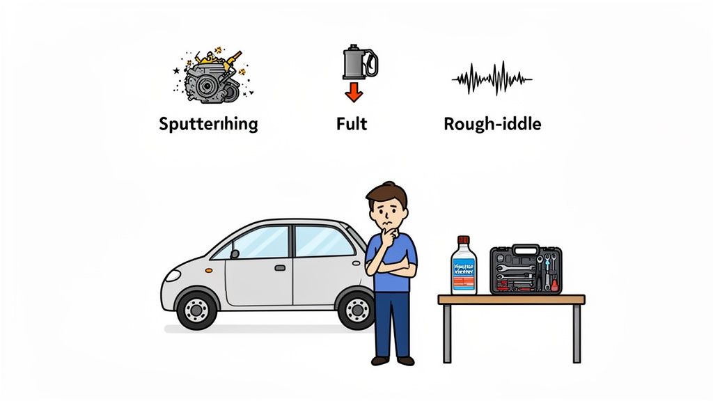 A man pondering car engine problems like sputtering and rough idle, with injector cleaner and tools nearby.
