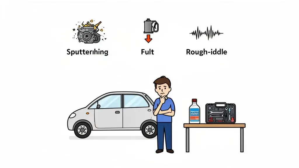 A man pondering car engine problems like sputtering and rough idle, with injector cleaner and tools nearby.