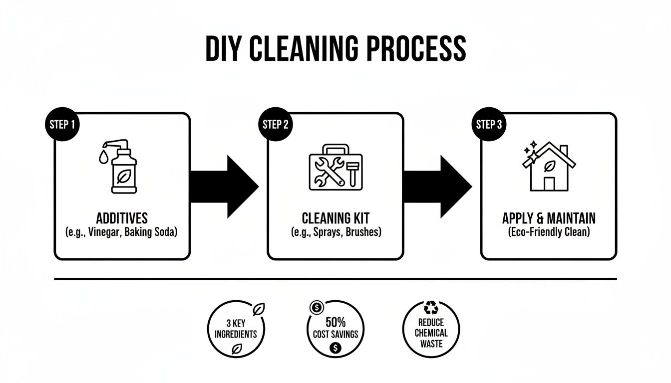 Infographic outlining a 3-step DIY cleaning process with additives, a cleaning kit, and eco-friendly application.