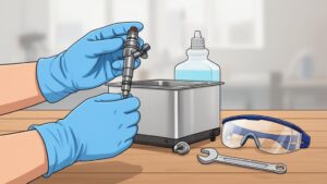 Hands cleaning a fuel injector.