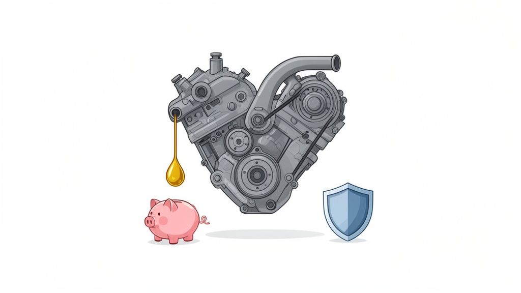 A stylized heart-shaped engine drips oil, flanked by a piggy bank and a shield symbol.