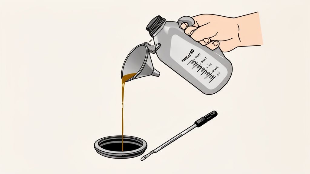 A hand pours engine oil from a measured bottle through a funnel into an engine opening, with a dipstick nearby.