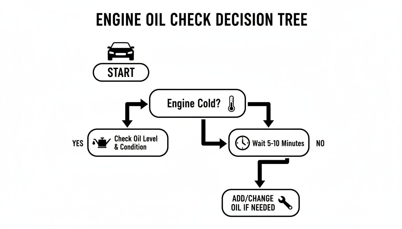 Decision tree flowchart outlining steps to check car engine oil level and condition.