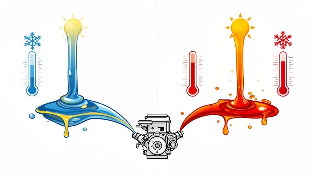 Two fluids, one thin blue (cold) and one thick red (hot), flowing into an engine, illustrating fluid properties.