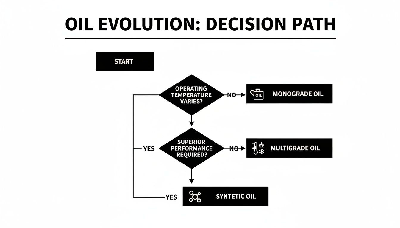 Flowchart illustrating the decision path for selecting engine oil based on operating temperature and performance.