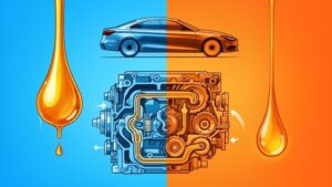 Car illustration with engine and oil drops.